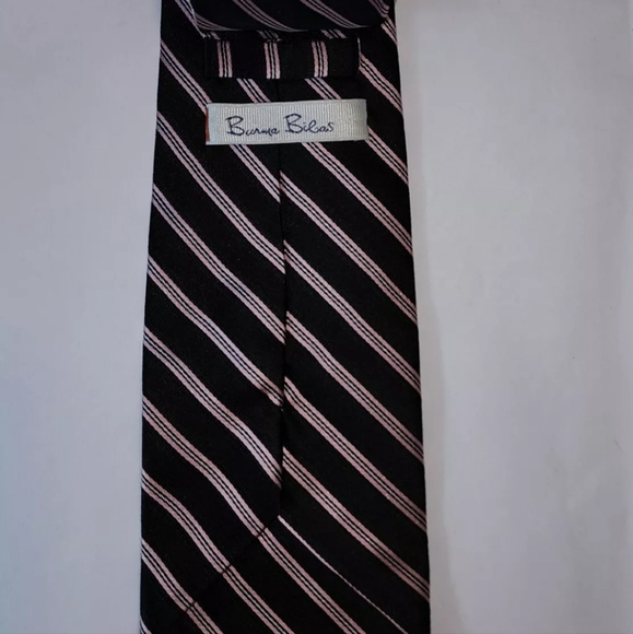 Burma Bibas striped silk tie, 62" L 4" W, Euc, black, white, pink stripes - Picture 2 of 8
